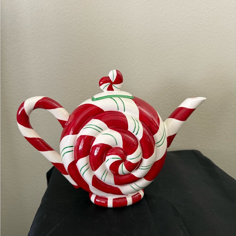 Department 56 Red and White Peppermint Teapot Hand Painted.